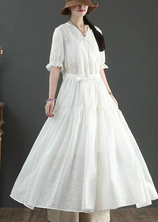 Vintage White V Neck Button Maxi Summer Cotton Dress