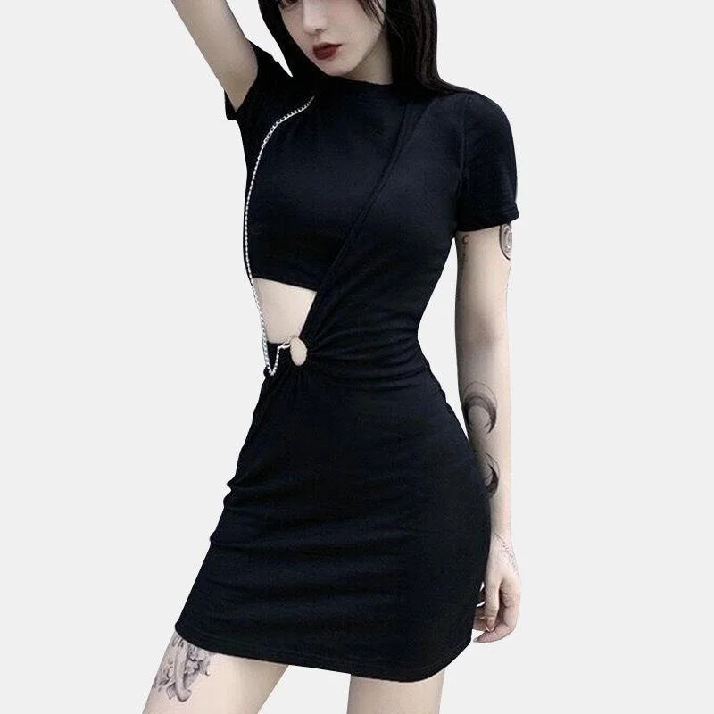Versatile Chain O-ring Waist Cut Out Dress