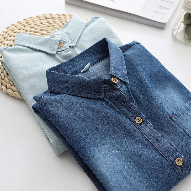 Denim Women Blouses Shirts Tunic Womens Tops And Blouse 2020 Womenswear Long Sleeve Clothing Button Up Down Outwear OL Vintage