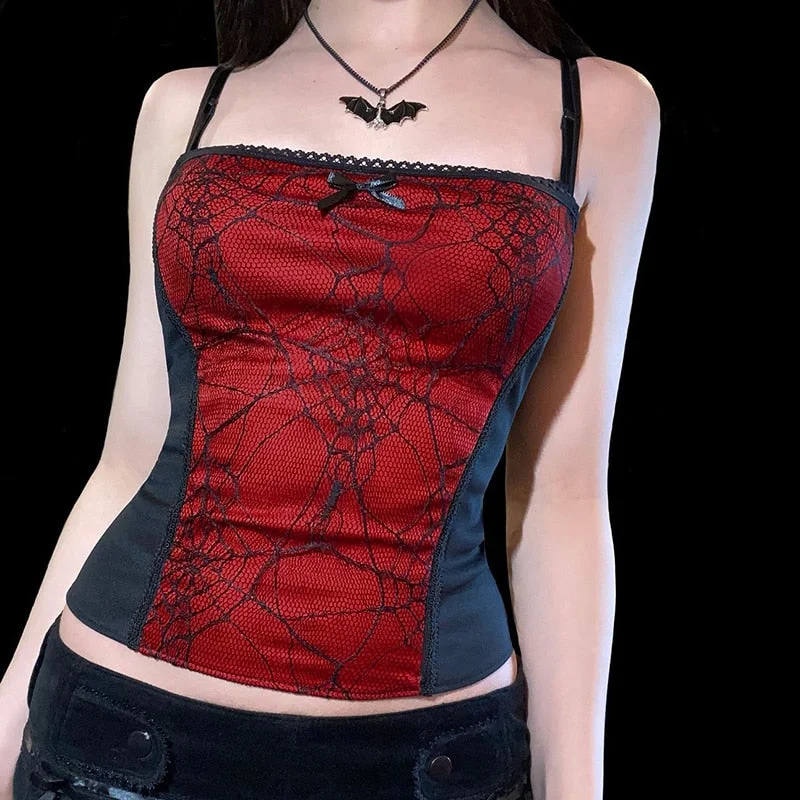InsGoth Vintage Spider Net Mesh Pink Camis Goth Grunge Bodycon Backless Camisole Aesthetic Bow Patchwork Summer Basic Tops