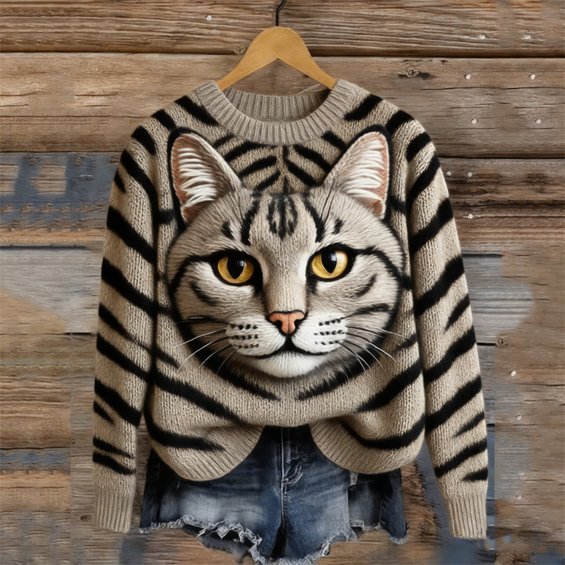 Vintage Tabby Cat Face & Pattern Cozy Knit Sweater wearshes