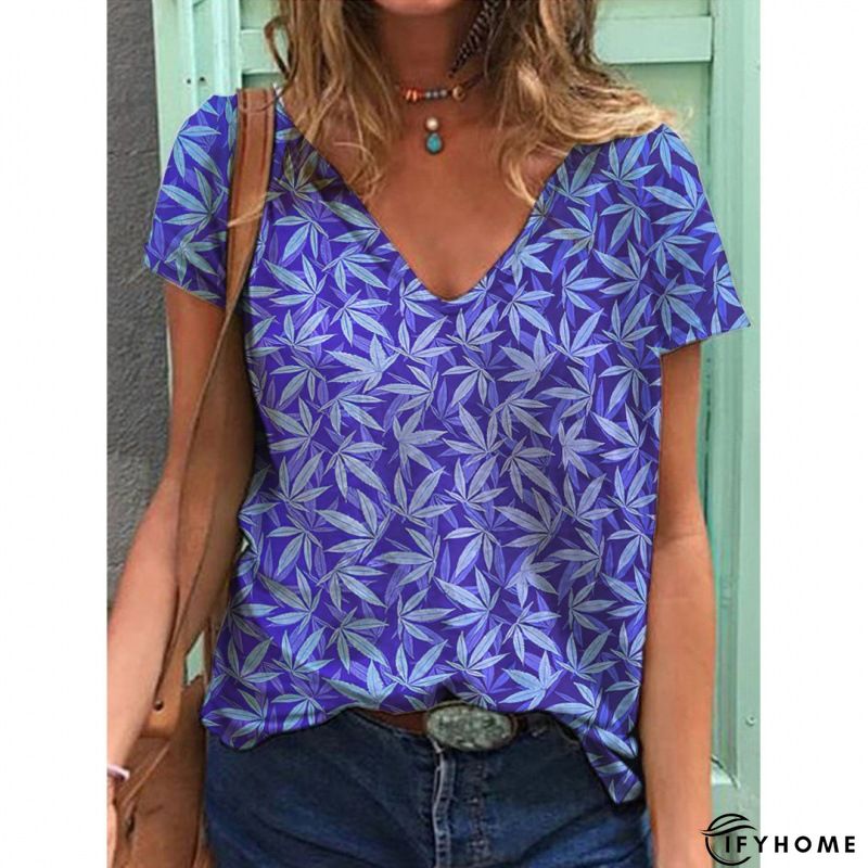 Floral  Short Sleeve Printed  Cotton-blend  V neck  Lady  Summer  Blue Top | IFYHOME