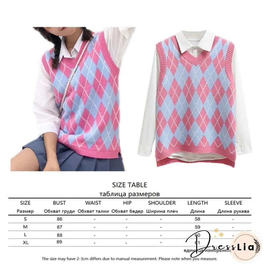V Neck Vintage Argyle Sweater Vest Women Black Sleeveless Plaid Knitted Crop Sweaters Casual Autumn Preppy Style tops