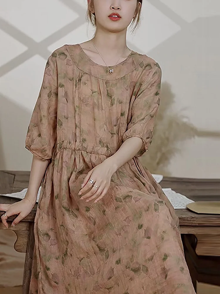 Women Summer Vintage Flower Ramie Dress