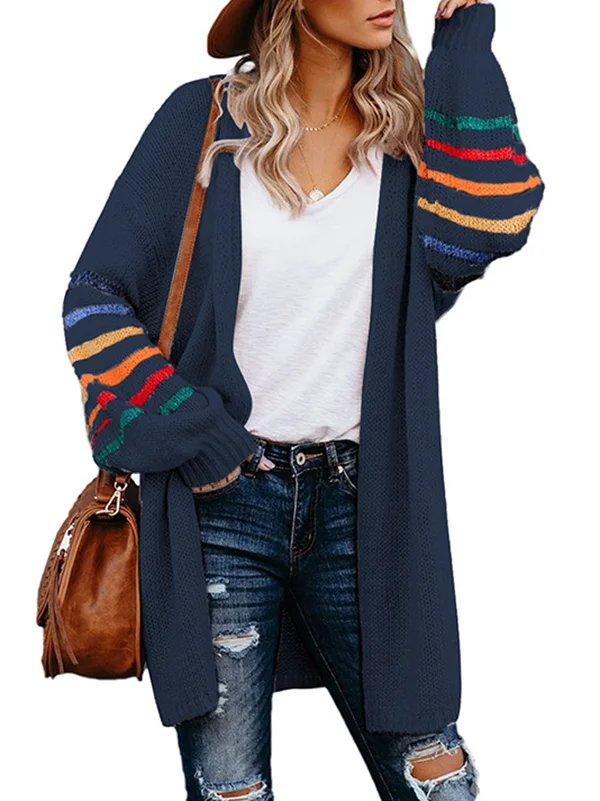 Colorful Contrast Color Striped Long Sleeves Loose Collarless Cardigan Tops