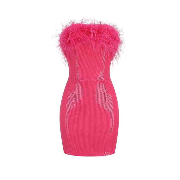 Flaxmaker Bandeau Backless Pink Feather Shiny Mini Dress