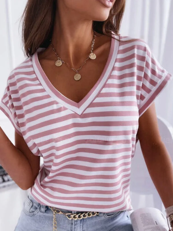 Casual Loose Striped V-Neck T-Shirts Tops