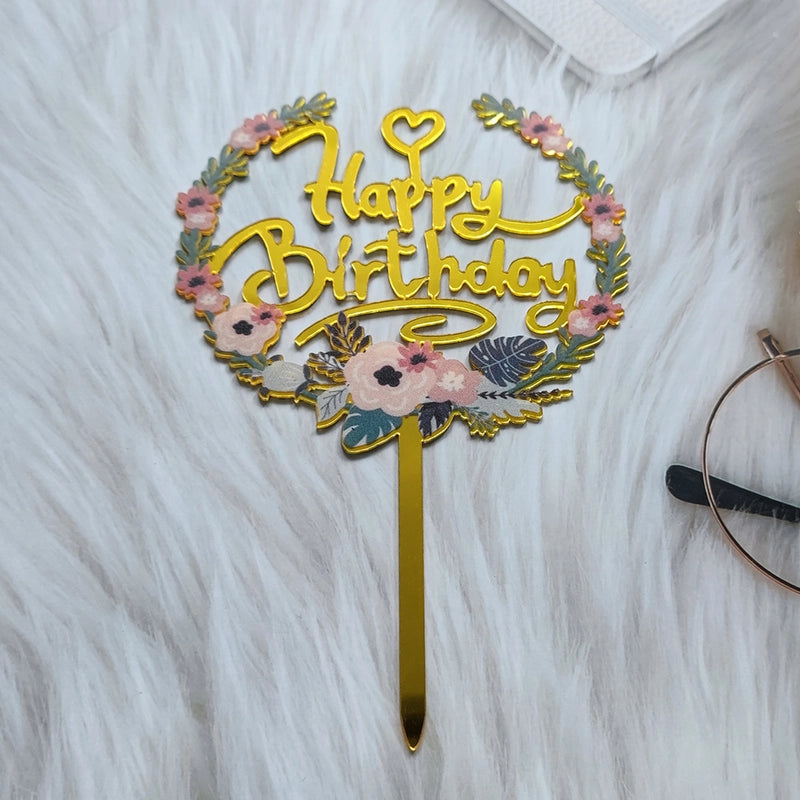 Acrylic Cake Topper Ins Style Floral Uv Color Printing Happy Birthday Dessert Decoration Plugin