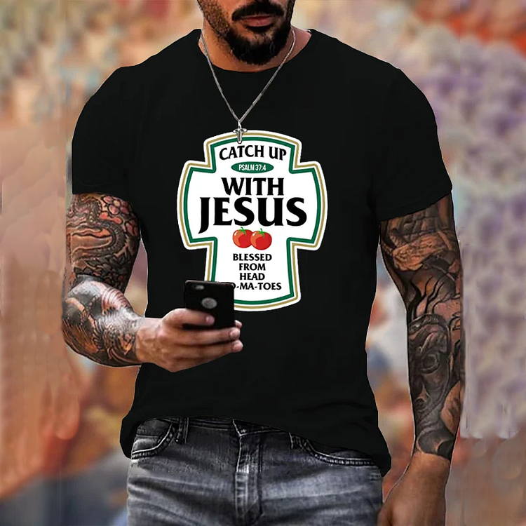BrosWear Men's Catch Up With Jesus Crew Neck Casual T-Shirt