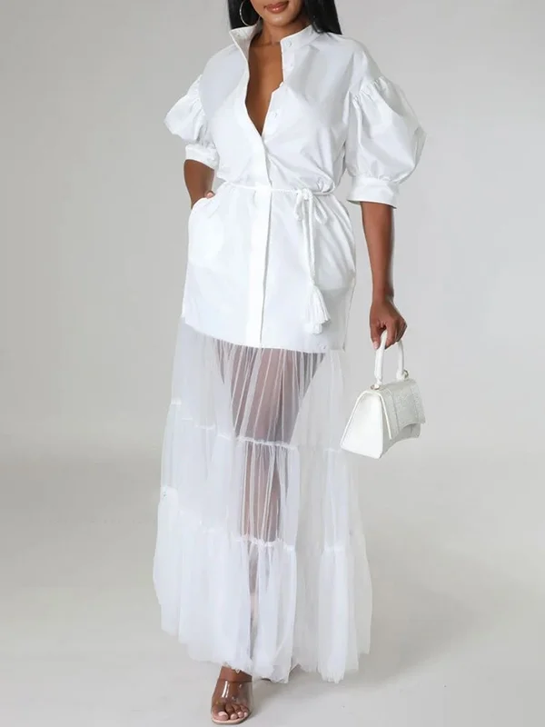Tied Waist Split-Joint Solid Color See-Through Pleated Gauze Puff Sleeves Lapel Maxi Dresses