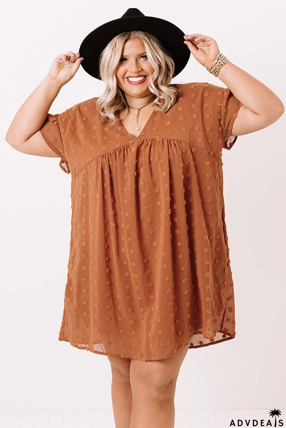 Plus Size V Neck Ruffle Swiss Dot Mini Dress with Pocket