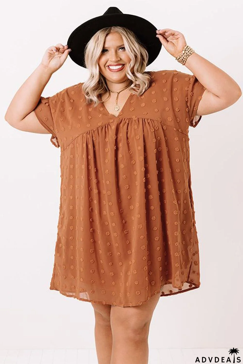 Plus Size V Neck Ruffle Swiss Dot Mini Dress with Pocket