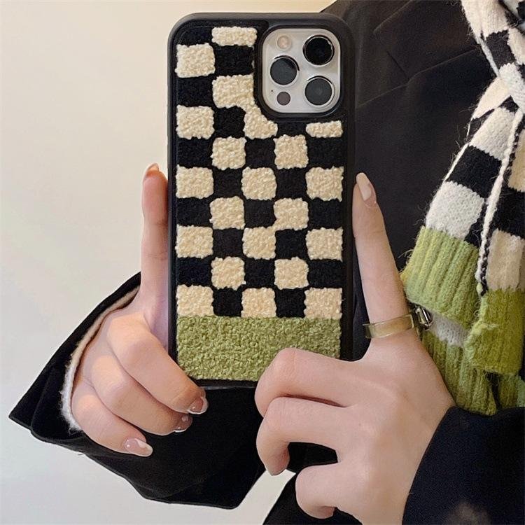 Black & Off white Plaid Plush Case For iPhone