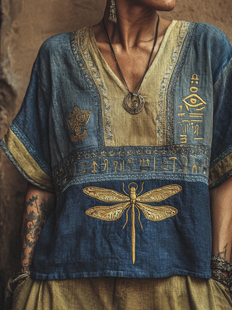 Egyptian Vintage Dragonfly Embroidery Women's Linen V-neck Shirt