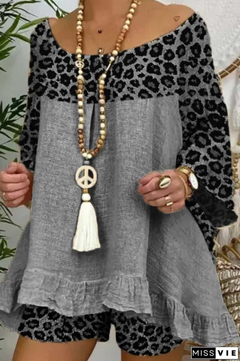 Casual Street Leopard Patchwork Flounce O Neck Three Quarter Two Pieces