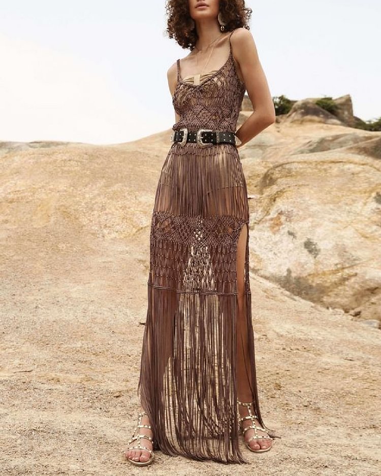 Casual Braided Tassel Slit Slip Dress