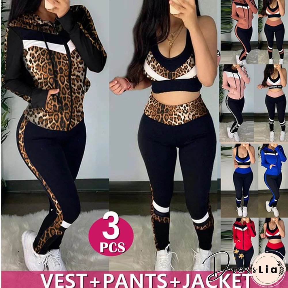 Women Fashion Sports Suits Running Wear Gym Clothes Vest Top / Pants/ Coat 3Pcs Set