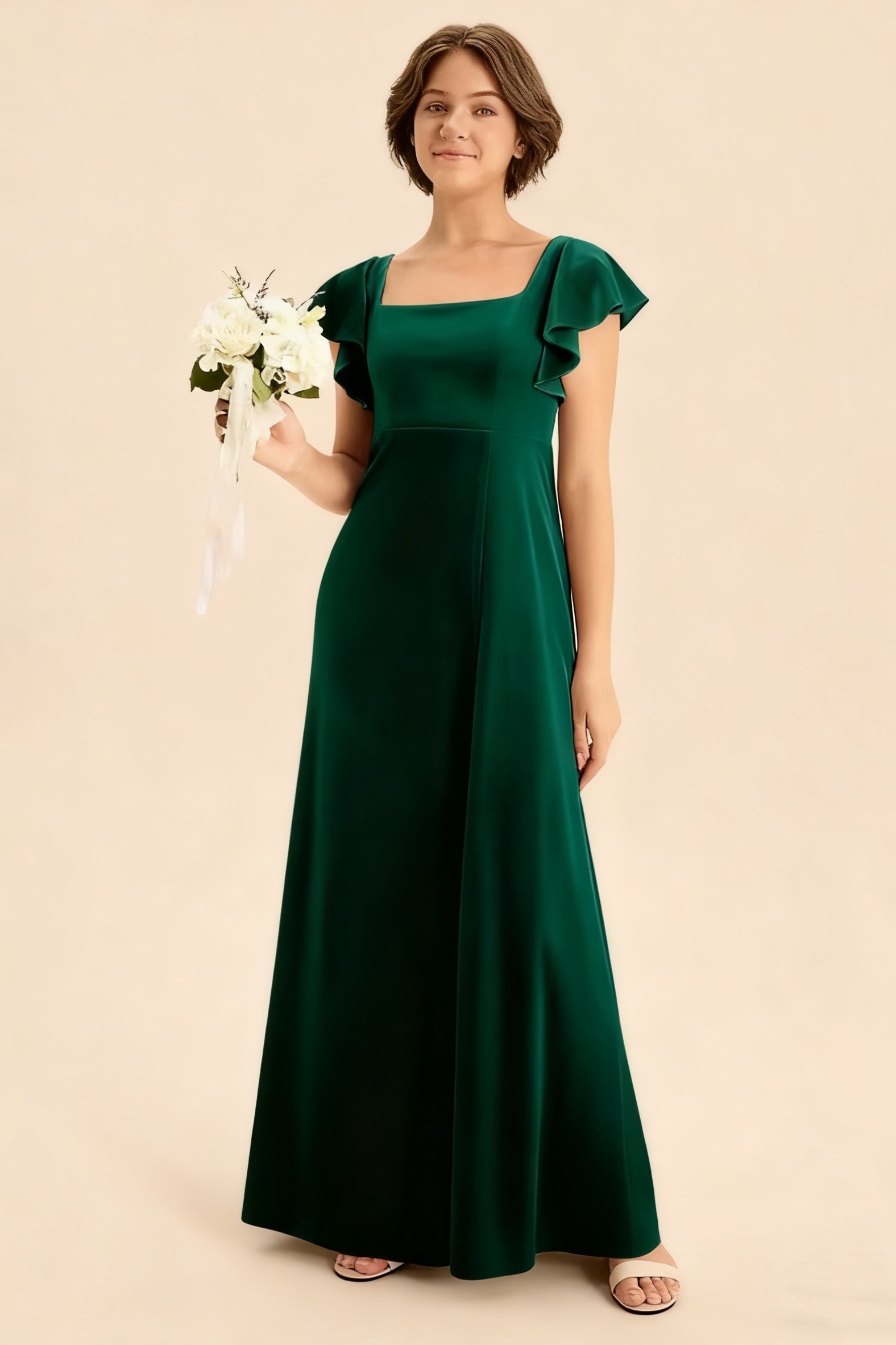 Daisda Dark Green Ruffles Sleeves Square Long Junior Bridesmaid Dress