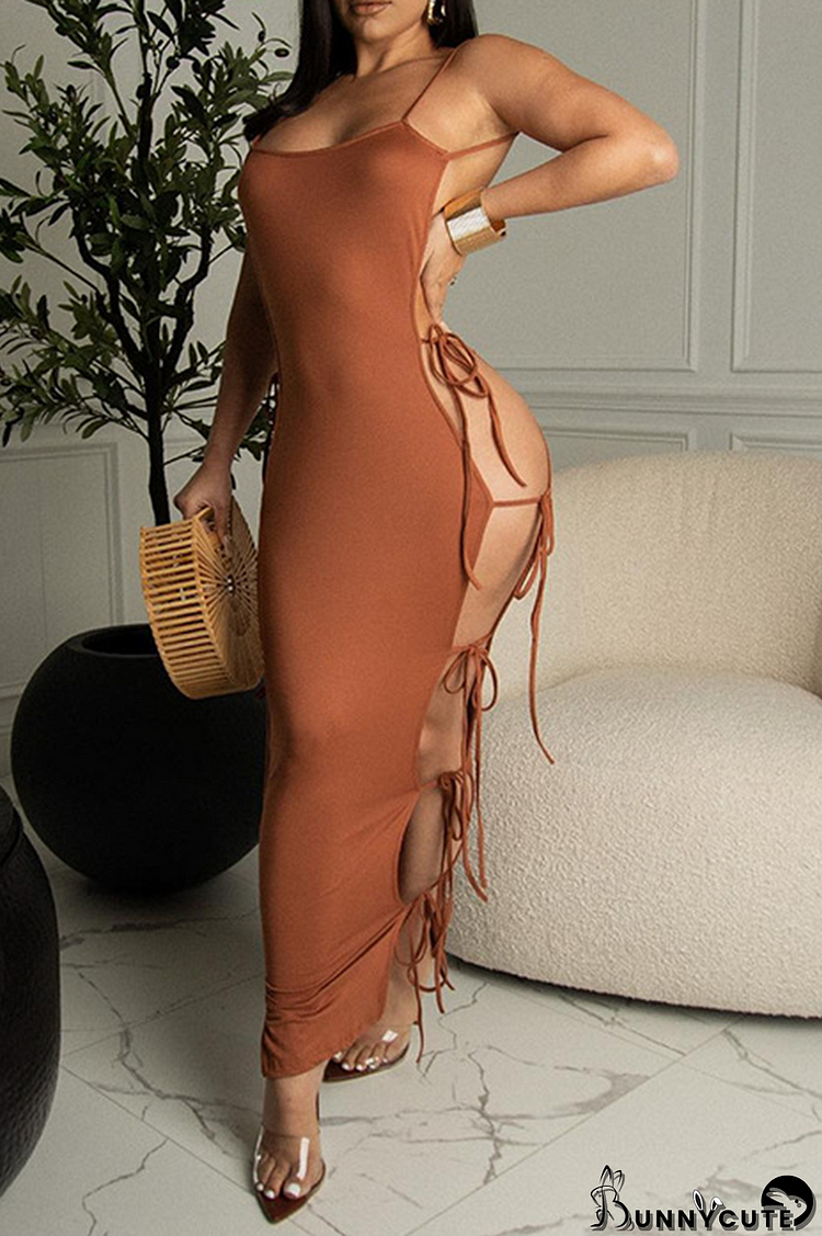 Khaki Sexy Solid Draw String Spaghetti Strap Pencil Skirt Dresses