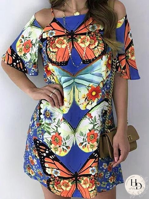 Butterfly Print Cutout Short Sleeve Dress for Women