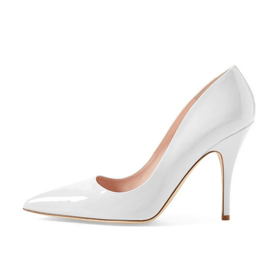 Simple Patent Leather Pointed Toe Stiletto Heel White Pumps