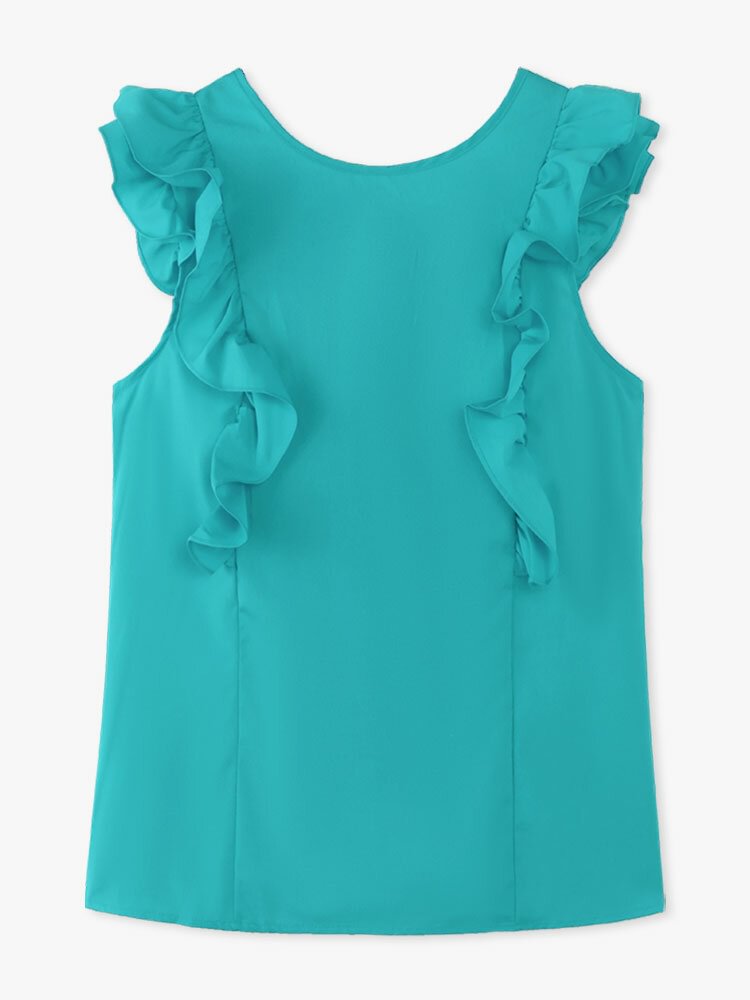 Ruffle Patchwork Sleeveless O neck Solid Color Tank Top P1852724