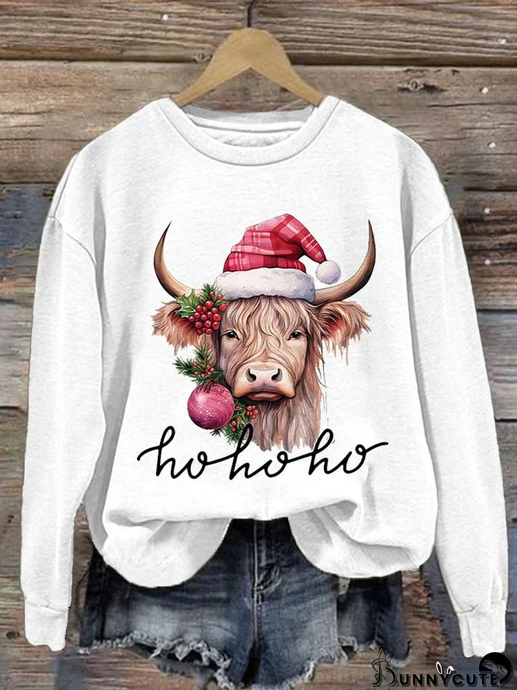 Women's Casual Christmas Hohoho Cow Print Long Sleeve Sweatshirt