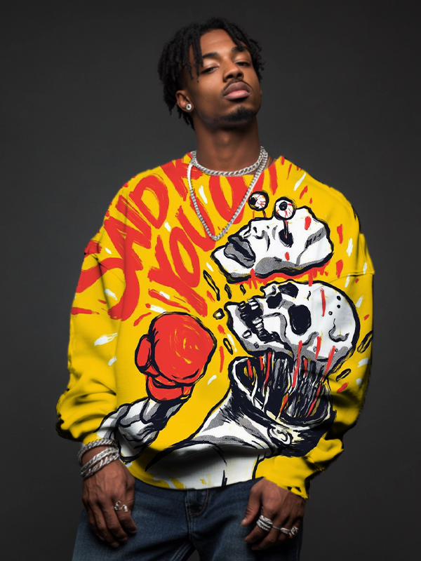 Men's Skeleton Boxing Art Print Casual Sweatshirt