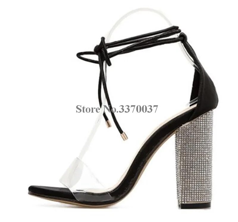 VCSHOES Women Open Toe PVC Straps Bling Bling Champagne Gold Chunky Heels Sandals Rose Gold Rhinestone High Heel Sandals