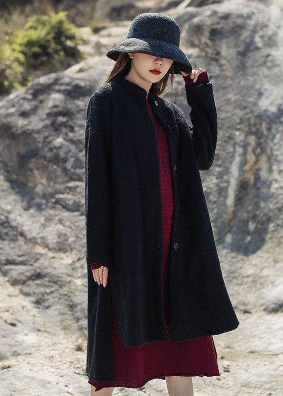 French Black Stand Collar low high design Woolen Coats Winter CK1859- Fabulory