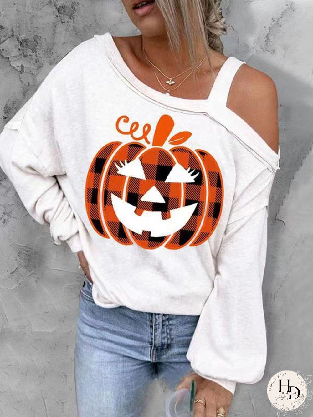 Slant Cold Shoulder Halloween Element Pattern Shirt