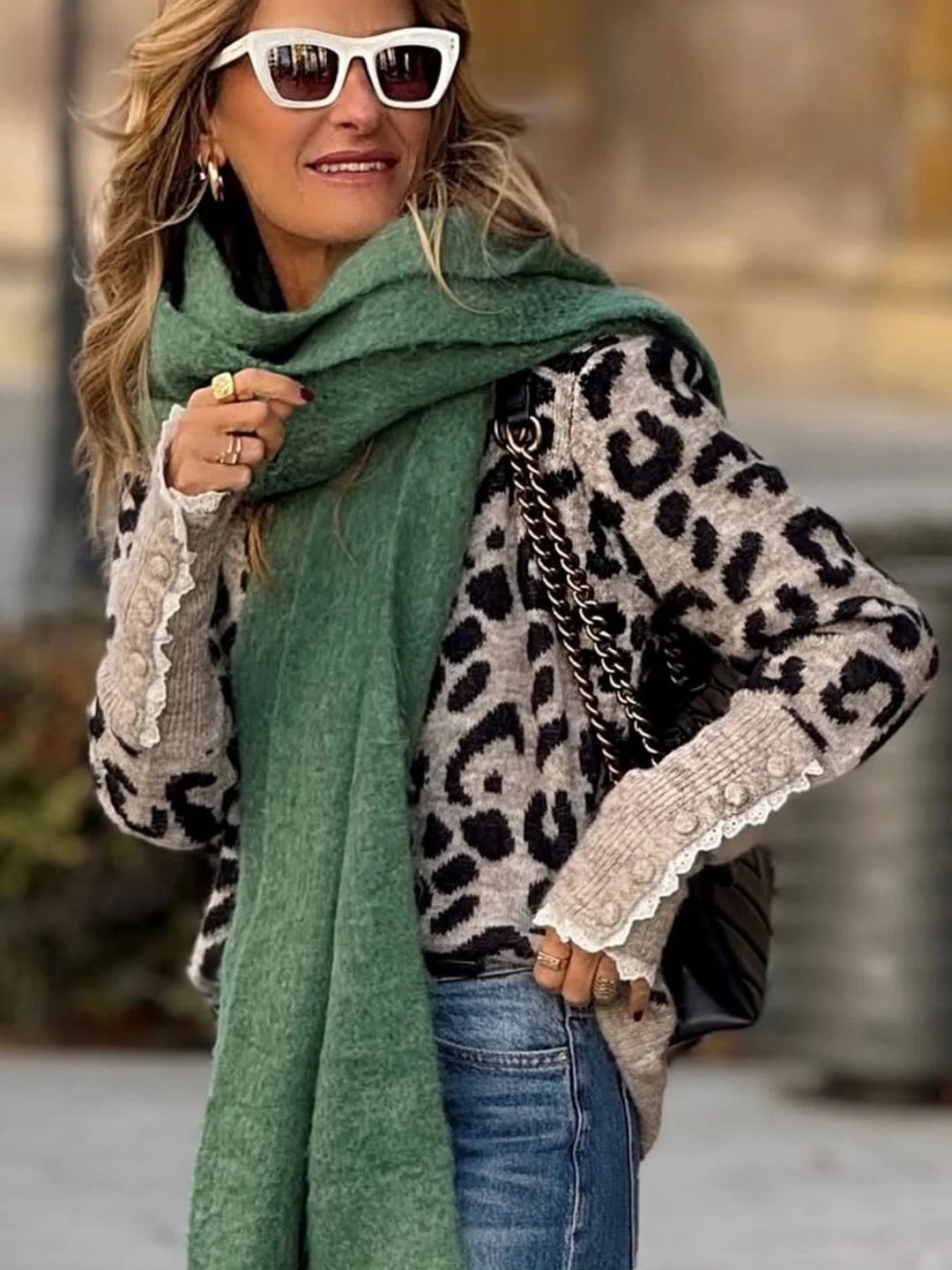 Athvotar Athvotar And Winter New Leopard Sweater Lace Splicing Round Neck Long Sleeve Buckle Knitted Shirt