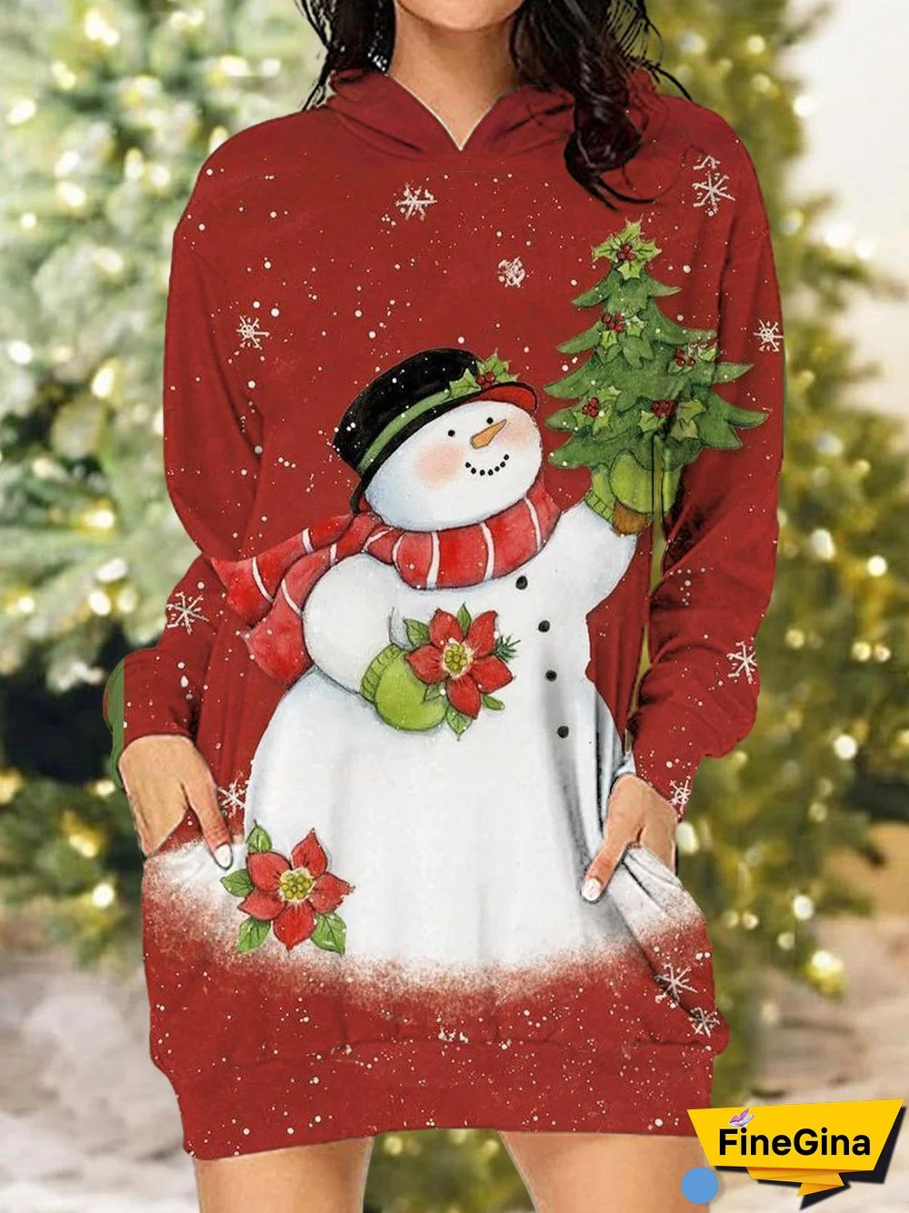 Women's Cute Snowman Print Hooded Dress