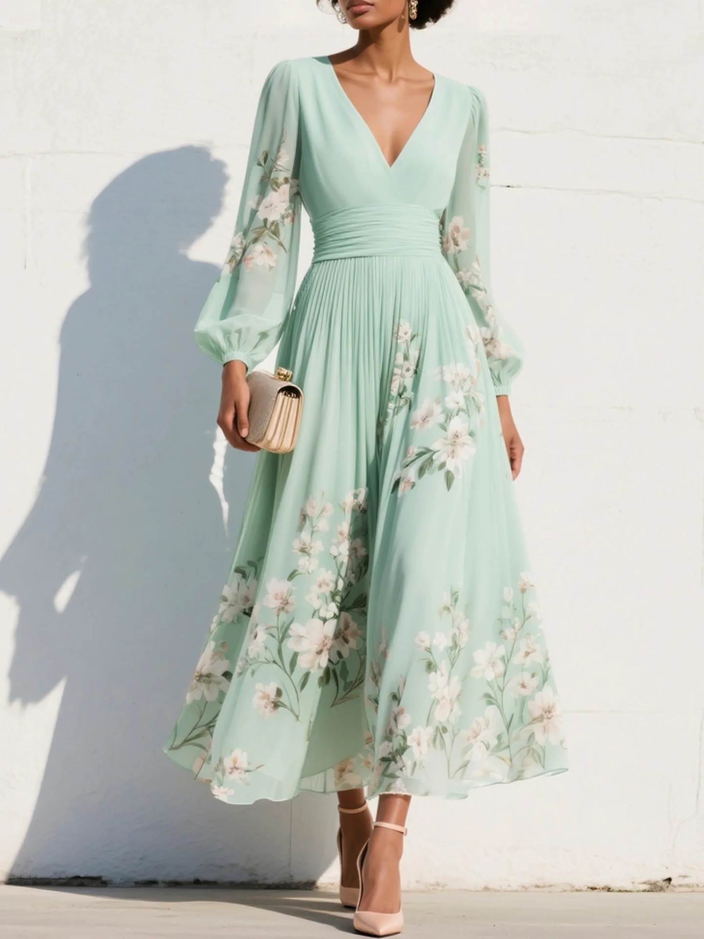 Comstylish Elegant Floral Print Long-sleeved V-neck Pleated Dress