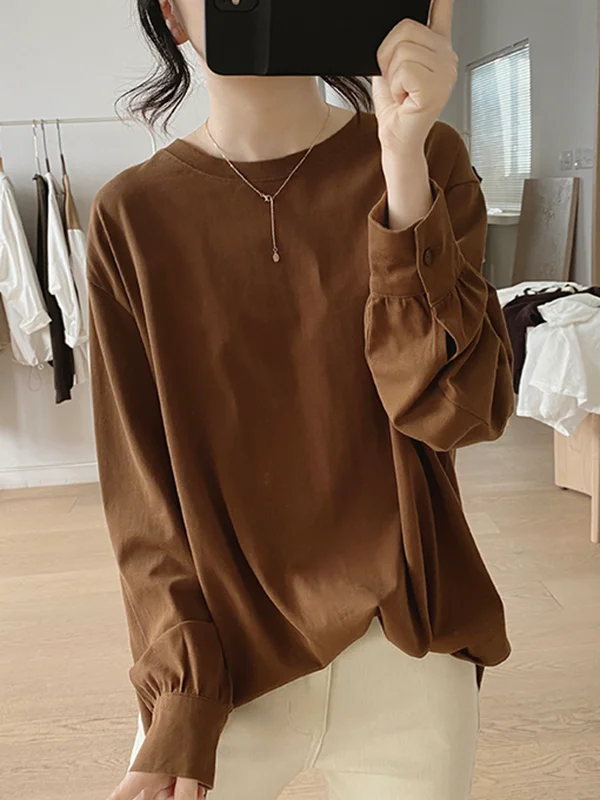 Long Sleeves Loose Solid Color Round-Neck T-Shirts Tops