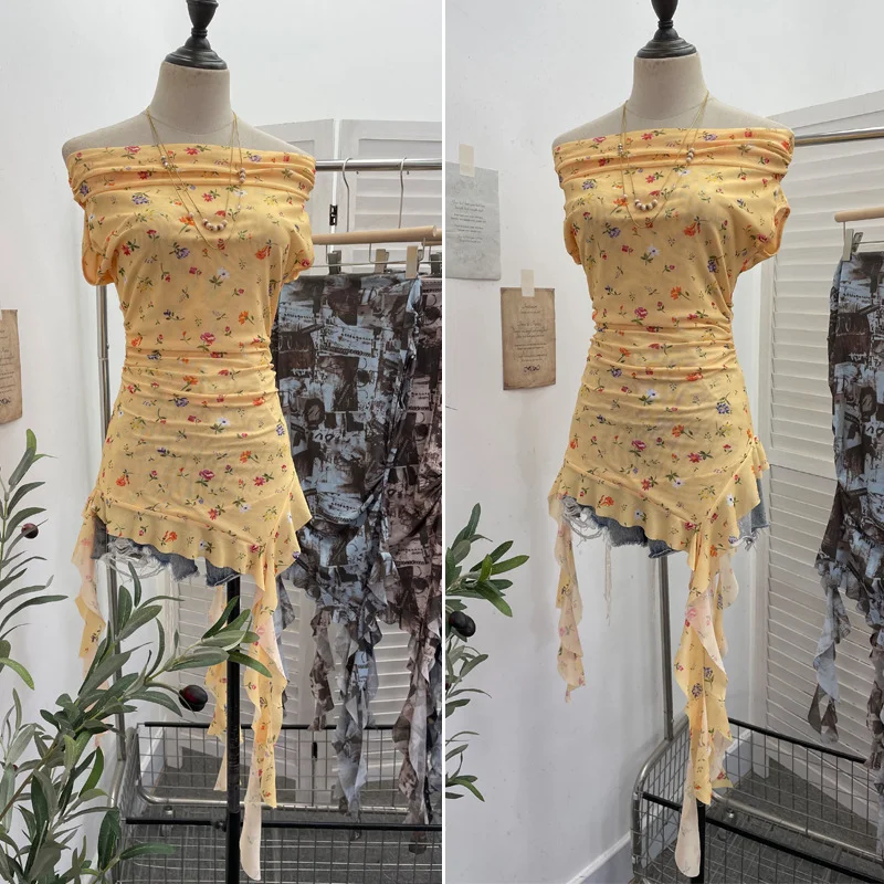 Nigikala Nigikala Shooting Holiday Wind Shoulder Folding Net Grums Flower Top Design Feeling Drift With Unique T-Shirt 1203