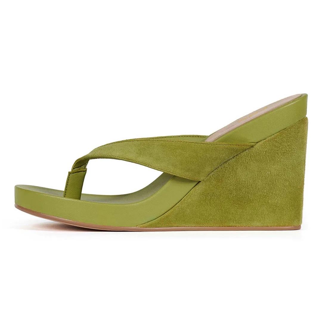 Olive Vegan Suede Open Toe Platform Flip Flops Wedge Sandals