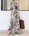 Cotton Linen Printed Lapel Long Sleeve Dress