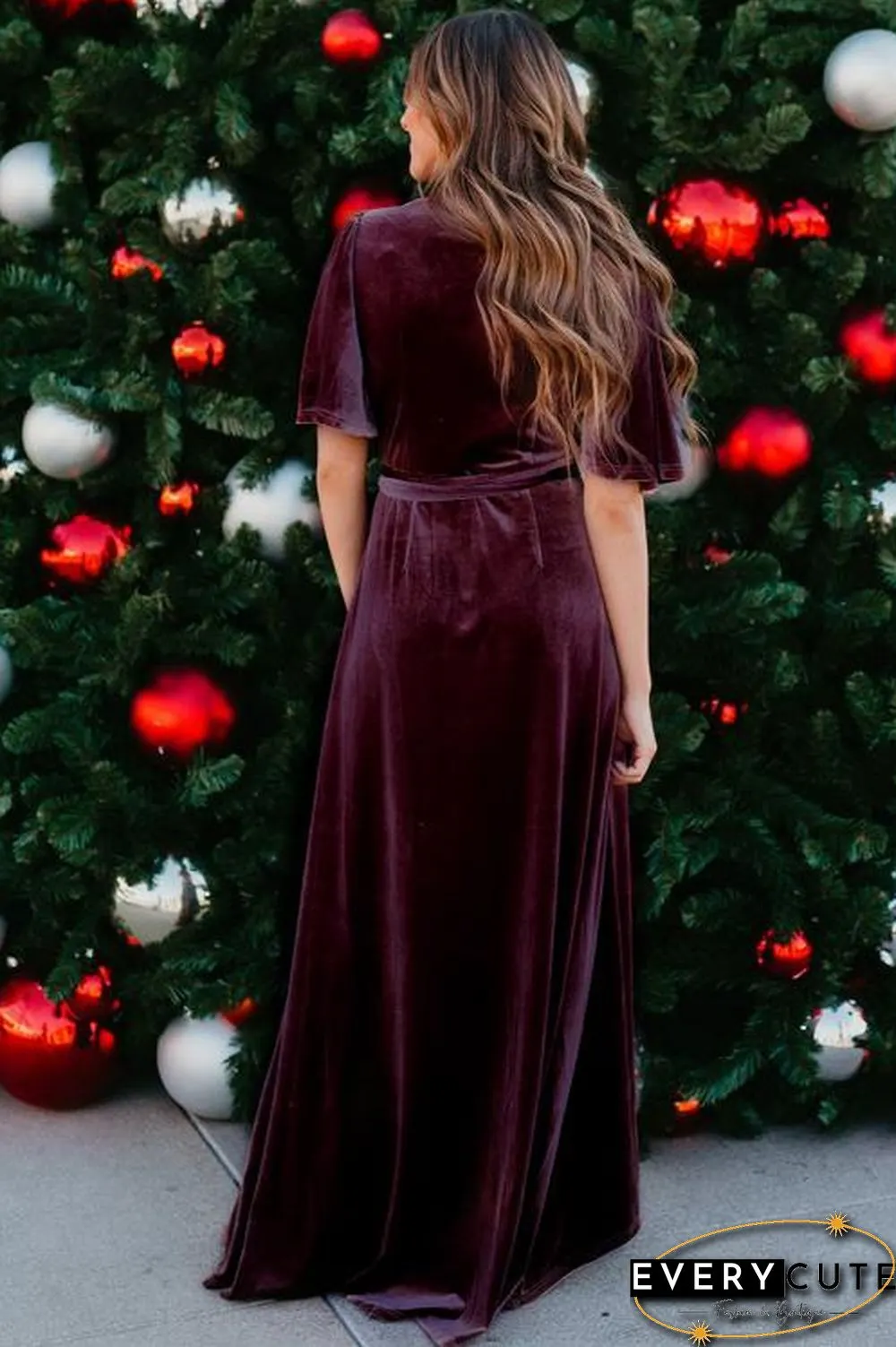 Wine Red Velvet Pleated Wrap Tie Waist Maxi Dress
