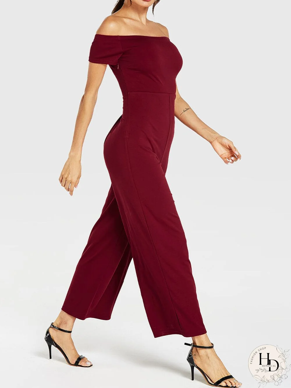 Solid Color Plain Off-shoulder Slash Neck Long Casual Jumpsuit for Women