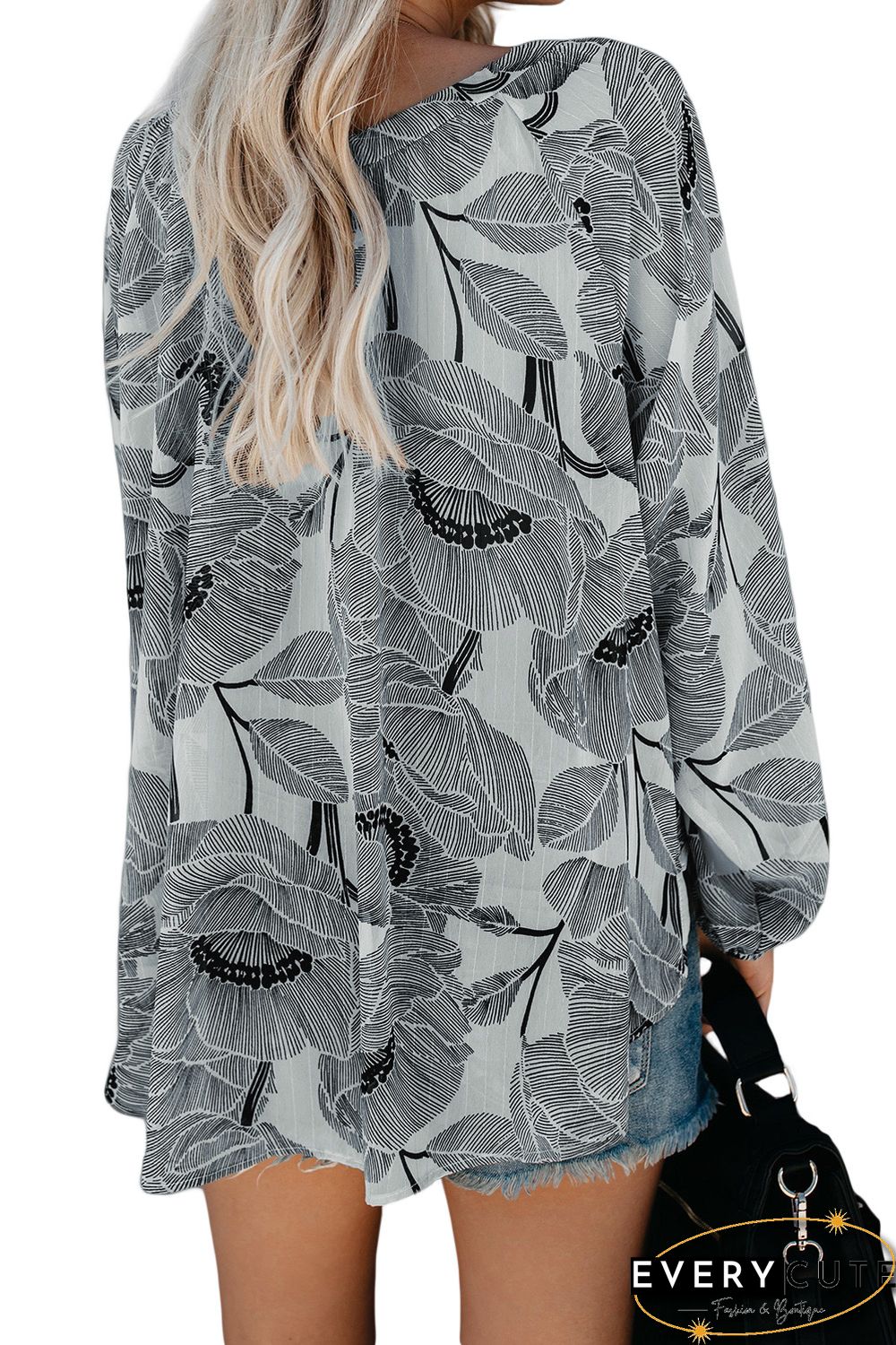 White Floral Print Peasant Blouse