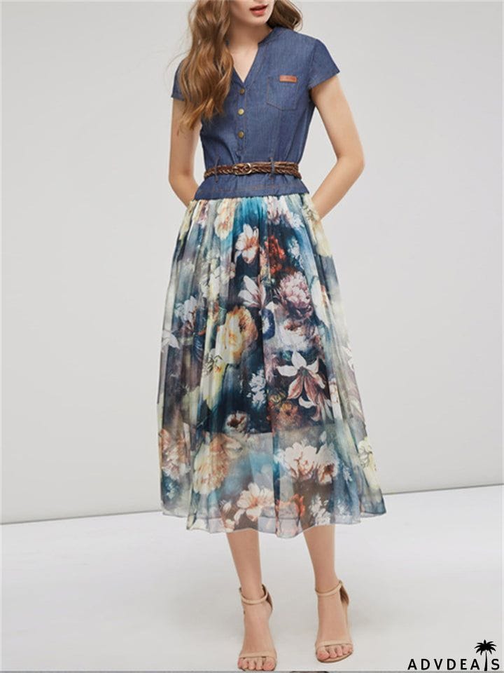 Women's Elegant Ink Flower Denim Chiffon Splicing Dress with Belt