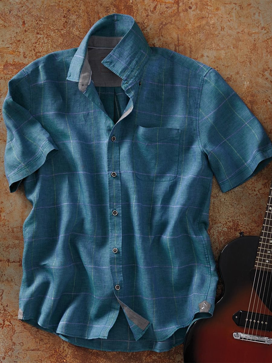 Men's Blue Plaid Patch Pocket Short Sleeve Cotton and Linen Shirt