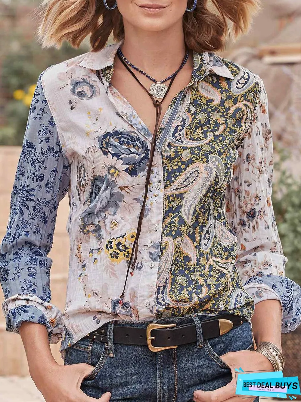 Paisley Loose Shirt Collar Casual Blouse