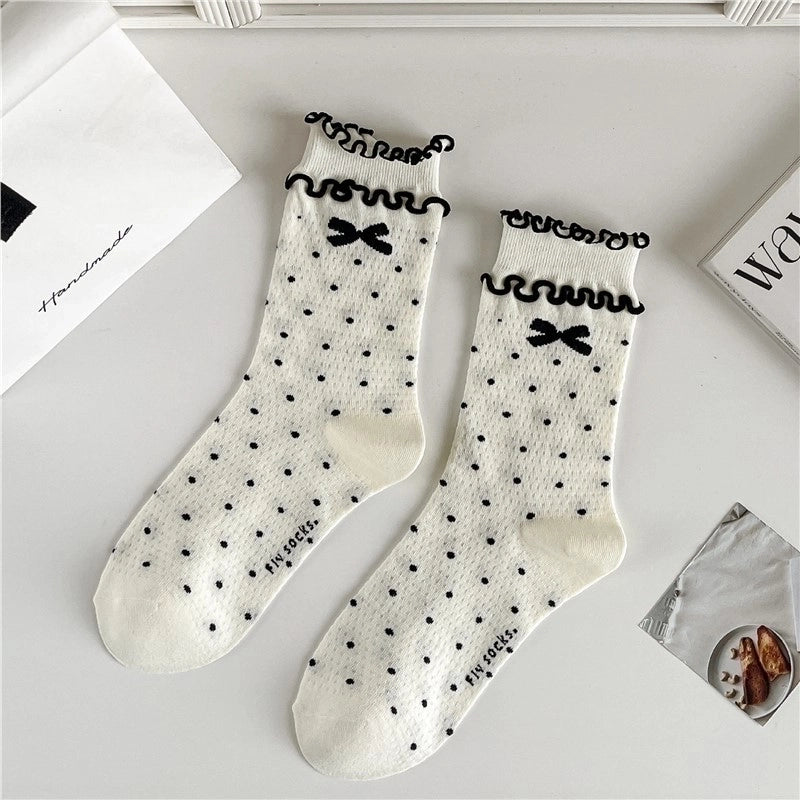 Bowknot Socks Women’s Spring And Summer Mid-length Socks Thin Sweat-absorbent Stockings Black And White Versatile Trendy Zhuji Socks