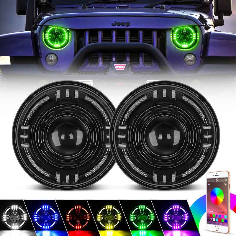 Tunnel Series 7" LED RGBW Headlights with Angel Eye Bluetooth Control for 1997-Later Jeep Wrangler