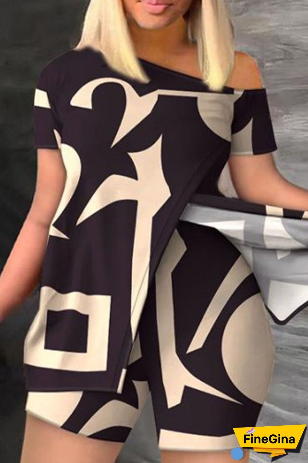 Colour Casual Work Street Print Patchwork Slit Oblique Collar Short Sleeve Two Pieces