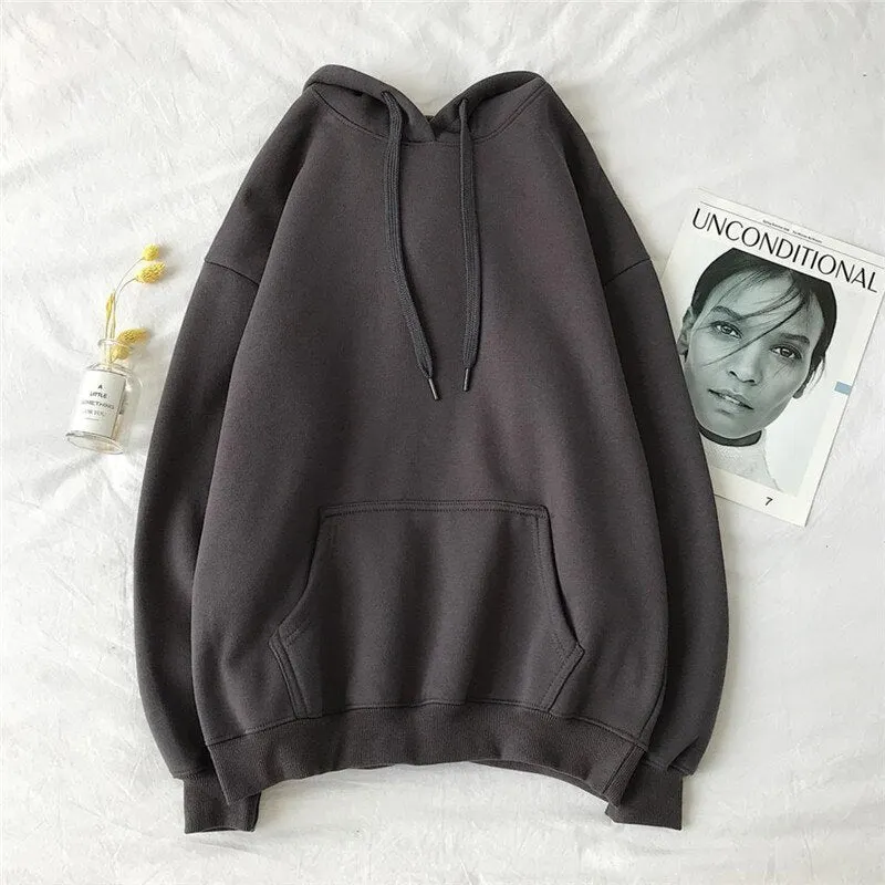 Solid Hoodies Women Autumn Long Sleeve Pocket Korean Oversized Hooded Sweatshirts Famale Casual Plus Velvet Hooded Pullovers Top