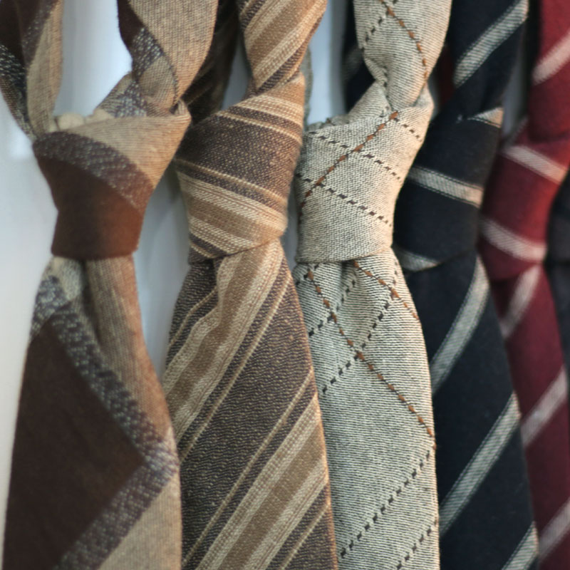 Vintage Matte Cotton Linen Tie - British-Japanese Style in Caramel,  Yellow & Burgundy