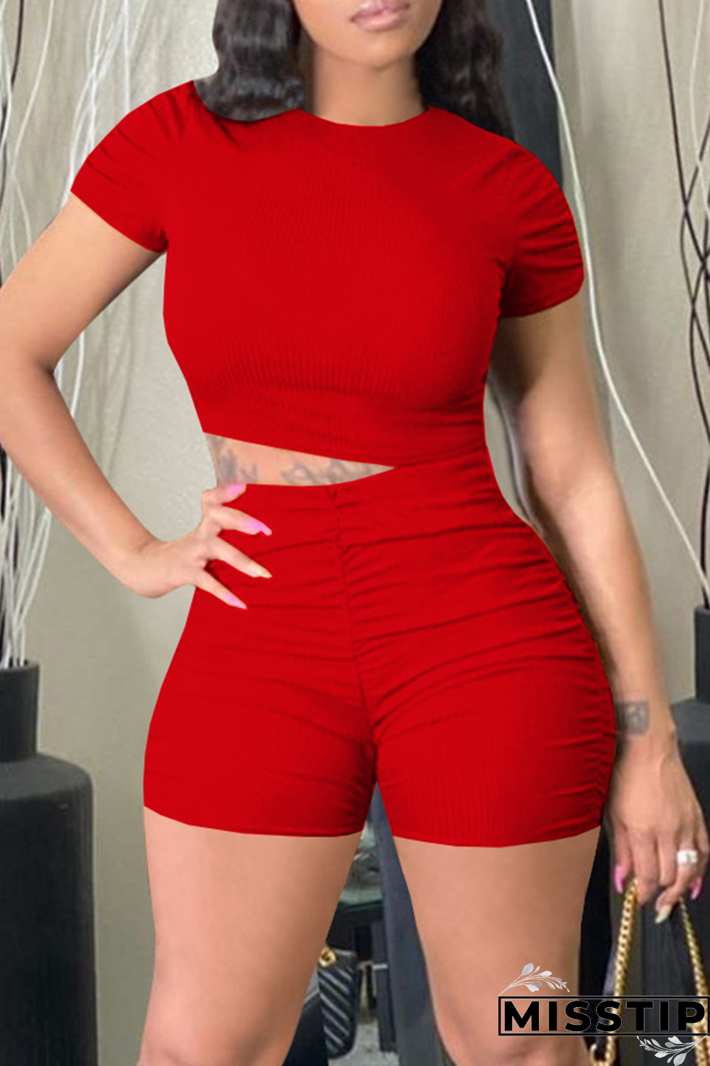 Grey Casual Solid Patchwork O Neck Short Sleeve Two Pieces